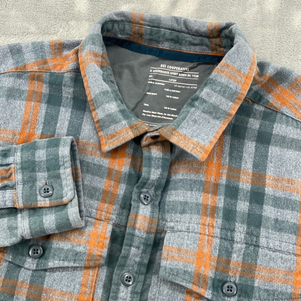 REI Co-op Mens Large Grey Orange Plaid Flannel Button Up Shirt Long Sleeve